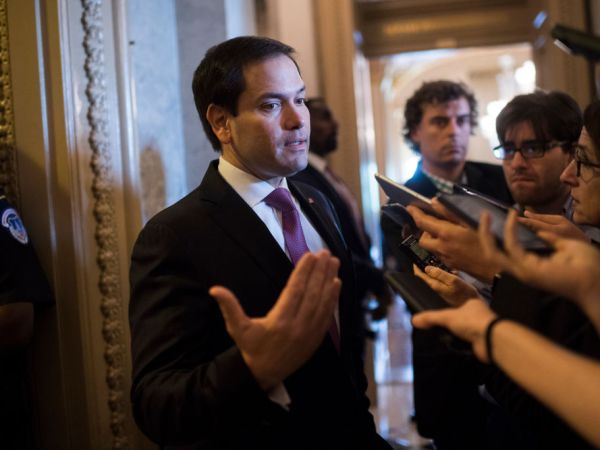 UNITED STATES - JULY 17: Sen. Marco Rubio, R-Fla., talks with reporters after the Senate Policy luncheons in the Capitol on July 17, 2018. (Photo By Tom Williams/CQ Roll Call)