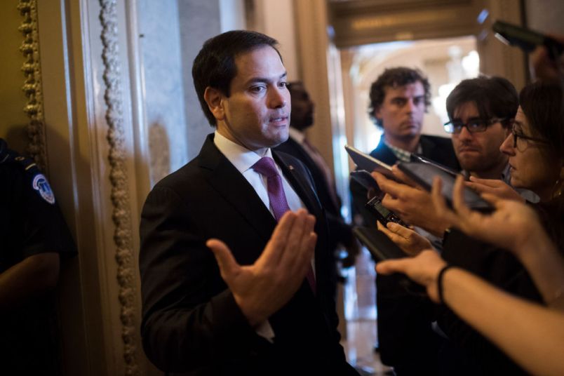 UNITED STATES - JULY 17: Sen. Marco Rubio, R-Fla., talks with reporters after the Senate Policy luncheons in the Capitol on July 17, 2018. (Photo By Tom Williams/CQ Roll Call)