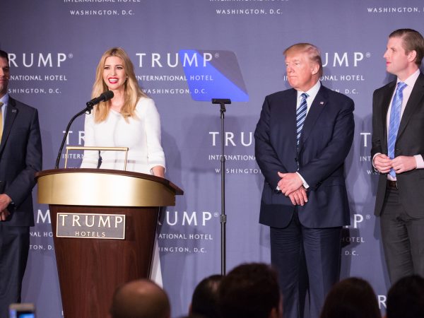 in the grand ballroom of Trump International Hotel, Ivanka Trump (center, speaking), with her family (l-r), Donald Trump Jr., U.S. Presidential candidate Donald J. Trump, and Eric Trump, talks about the grand opening of their latest property, Trump International Hotel - Old Post Office, in Washington, DC on October 26, 2016. The event was closed to the public, and included VIP guests and employees of Trump. (Photo by Cheriss May/NurPhoto)