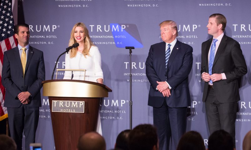 in the grand ballroom of Trump International Hotel, Ivanka Trump (center, speaking), with her family (l-r), Donald Trump Jr., U.S. Presidential candidate Donald J. Trump, and Eric Trump, talks about the grand opening of their latest property, Trump International Hotel - Old Post Office, in Washington, DC on October 26, 2016. The event was closed to the public, and included VIP guests and employees of Trump. (Photo by Cheriss May/NurPhoto)