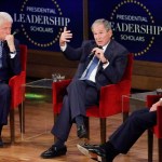 DALLAS, TX - JULY 13: Former president George W. Bush answers a question from moderator David Rubenstein (R) while former president Bill Clinton (L) looks on at the Presidential Leadership Scholars Graduation Ceremony at the George W. Bush Institue  on July 13, 2017 in Dallas, Texas. (Photo by Stewart  F. House/Getty Images)