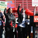 speaks during the Women's March "Power to the Polls" voter registration tour launch at Sam Boyd Stadium on January 21, 2018 in Las Vegas, Nevada. Demonstrators across the nation gathered over the weekend, one year after the historic Women's March on Washington, D.C., to protest President Donald Trump's administration and to raise awareness for women's issues.