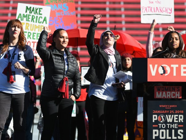 speaks during the Women's March "Power to the Polls" voter registration tour launch at Sam Boyd Stadium on January 21, 2018 in Las Vegas, Nevada. Demonstrators across the nation gathered over the weekend, one year after the historic Women's March on Washington, D.C., to protest President Donald Trump's administration and to raise awareness for women's issues.