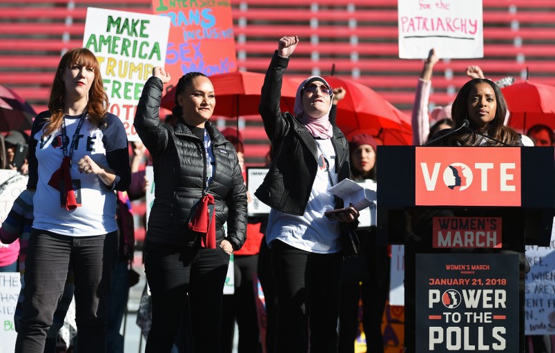 speaks during the Women's March "Power to the Polls" voter registration tour launch at Sam Boyd Stadium on January 21, 2018 in Las Vegas, Nevada. Demonstrators across the nation gathered over the weekend, one year after the historic Women's March on Washington, D.C., to protest President Donald Trump's administration and to raise awareness for women's issues.