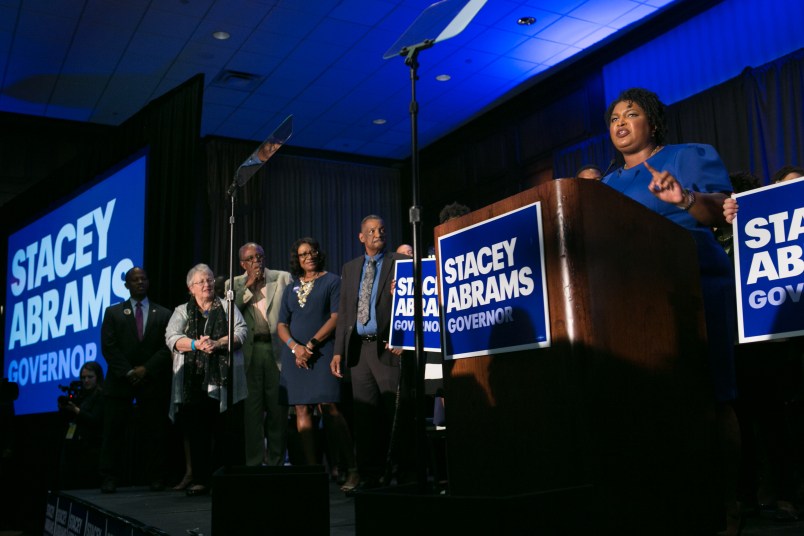 ATLANTA, GA - MAY 22:  Georgia Democratic Gubernatorial candidate Stacey Abrams takes the stage to declare victory in the primary during an election night event on May 22, 2018 in Atlanta, Georgia.  If elected, Abrams would become the first African American female governor in the state of Georgia.  (Photo by Jessica McGowan/Getty Images)