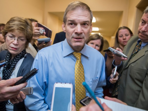 UNITED STATES - JUNE 26: Rep. Jim Jordan, R-Ohio, talks with reporters after a meeting of the House Republican Conference in the Capitol on June 26, 2018. (Photo By Tom Williams/CQ Roll Call)