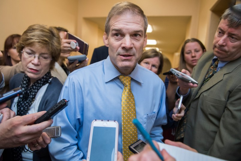 UNITED STATES - JUNE 26: Rep. Jim Jordan, R-Ohio, talks with reporters after a meeting of the House Republican Conference in the Capitol on June 26, 2018. (Photo By Tom Williams/CQ Roll Call)