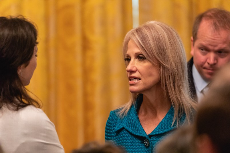 Counselor to the President Kellyanne Conway (r), attends President Trump's event celebrating the Republican tax cut plan in the East Room of the White House in Washington, D.C., on Friday, June 29, 2018. (Photo by Cheriss May/NurPhoto)