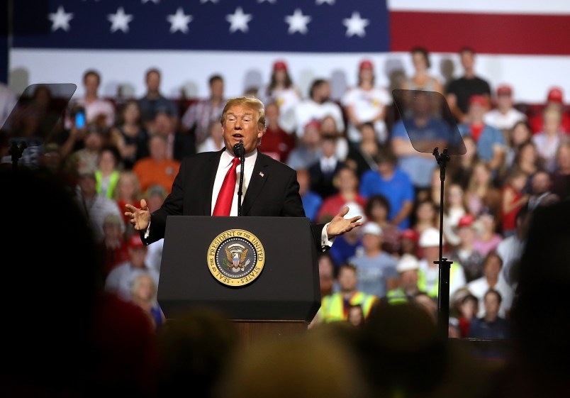 U.S. president Donald Trump greets supporters during a campaign rally at Four Seasons Arena on July 5, 2018 in Great Falls, Montana. President Trump held a campaign style 'Make America Great Again' rally in Great Falls, Montana with thousands in attendance.