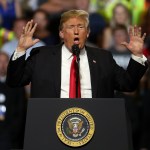 U.S. president Donald Trump greets supporters during a campaign rally at Four Seasons Arena on July 5, 2018 in Great Falls, Montana. President Trump held a campaign style 'Make America Great Again' rally in Great Falls, Montana with thousands in attendance.