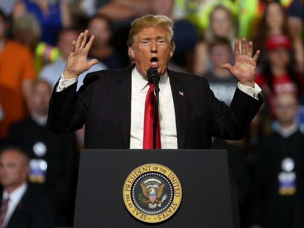 U.S. president Donald Trump greets supporters during a campaign rally at Four Seasons Arena on July 5, 2018 in Great Falls, Montana. President Trump held a campaign style 'Make America Great Again' rally in Great Falls, Montana with thousands in attendance.