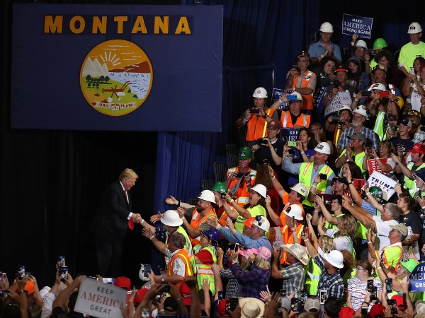 U.S. president Donald Trump greets supporters during a campaign rally at Four Seasons Arena on July 5, 2018 in Great Falls, Montana. President Trump held a campaign style 'Make America Great Again' rally in Great Falls, Montana with thousands in attendance.