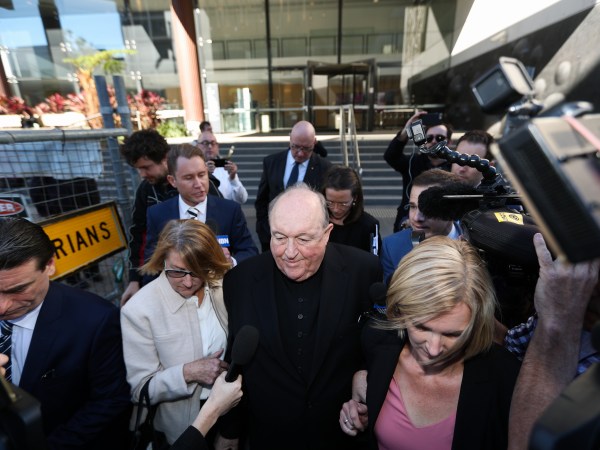 NOTE; THIS IS A COURT PICTURE. CHECK ID BEFORE USE - Archbishop Philip Wilson (old bald man, centre) - a Magistrate gives his judgement about whether or not he is guilty of concealing child sexual abuse. Newcastle Court, Newcastle.