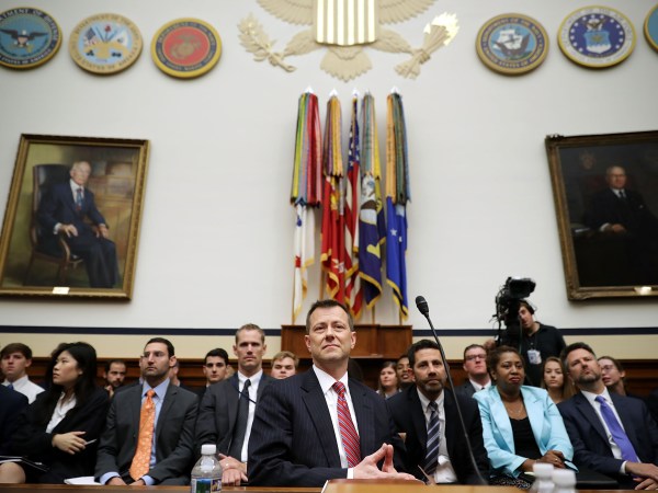 Deputy Assistant FBI Director Peter Strzok testifies before a joint committee hearing of the House Judiciary and Oversight and Government Reform committees in the Rayburn House Office Building on Capitol Hill July 12, 2018 in Washington, DC. While involved in the probe into Hillary ClintonÕs use of a private email server in 2016, Strzok exchanged text messages with FBI attorney Lisa Page that were critical of Trump. After learning about the messages, Mueller removed Strzok from his investigation into whether the Trump campaign colluded with Russia to win the 2016 presidential election.