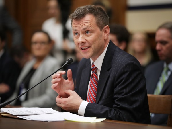 Deputy Assistant FBI Director Peter Strzok testifies before a joint committee hearing of the House Judiciary and Oversight and Government Reform committees in the Rayburn House Office Building on Capitol Hill July 12, 2018 in Washington, DC. While involved in the probe into Hillary ClintonÕs use of a private email server in 2016, Strzok exchanged text messages with FBI attorney Lisa Page that were critical of Trump. After learning about the messages, Mueller removed Strzok from his investigation into whether the Trump campaign colluded with Russia to win the 2016 presidential election.