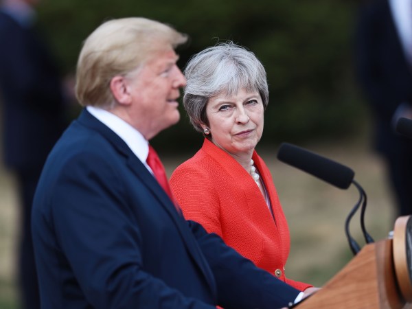 Prime Minister Theresa May greets U.S. President Donald Trump at Chequers on July 13, 2018 in Aylesbury, England. US President, Donald Trump, held bi-lateral talks with British Prime Minister, Theresa May at her grace-and-favour country residence, Chequers. Earlier British newspaper, The Sun, revealed criticisms of Theresa May and her Brexit policy made by President Trump in an exclusive interview. Later today The President and First Lady will join Her Majesty for tea at Windosr Castle.