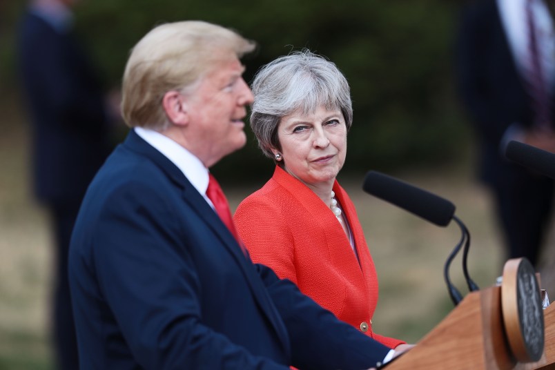 Prime Minister Theresa May greets U.S. President Donald Trump at Chequers on July 13, 2018 in Aylesbury, England. US President, Donald Trump, held bi-lateral talks with British Prime Minister, Theresa May at her grace-and-favour country residence, Chequers. Earlier British newspaper, The Sun, revealed criticisms of Theresa May and her Brexit policy made by President Trump in an exclusive interview. Later today The President and First Lady will join Her Majesty for tea at Windosr Castle.