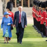 The Queen walks with President Trump as they inspect the Coldstream guards at Windsor castle.