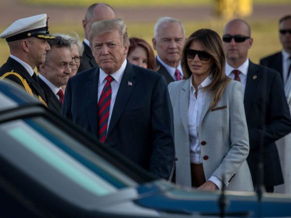 HELSINKI, FINLAND - JULY 15:  U.S. President Donald Trump and First Lady, Melania Trump arrive aboard Air Force One at Helsinki International Airport  on July 15, 2018 in Helsinki, Finland.The President of the United States arrived in Helsinki, for talks with Russian President Vladimir Putin. President Trump said in a recent statement that he has " low expectations" for the meeting, however he is under increasing pressure to confront the Russian President directly about special counsel Robert Mueller's indictment of twelve russian's said to have conspired to sway the decision of the 2016 US election.  (Photo by Chris McGrath/Getty Images) *** Local Caption *** Donald Trump; Melania Trump