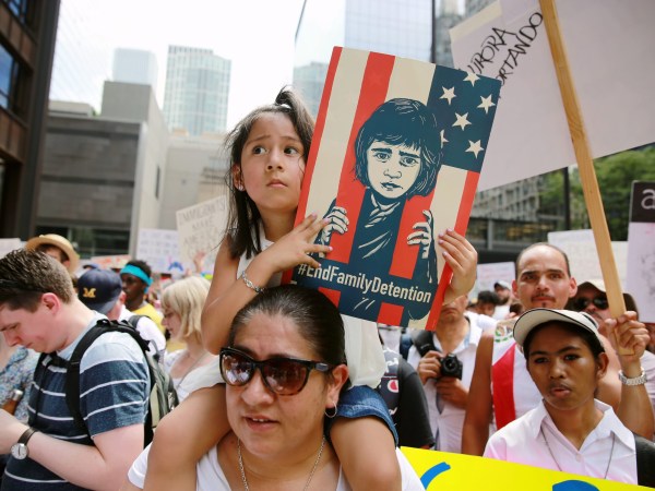 CHICAGO, June 30, 2018 -- People participate in the "Families Belong Together" rally at Daley Plaza in Chicago, the United States, on June 30, 2018. Tens of thousands of Americans marched and rallied across the United States to protest the Trump administration's "zero tolerance" immigration policy resulting in over 2,000 children separated from their families who crossed the border illegally. (Xinhua/Wang Ping)