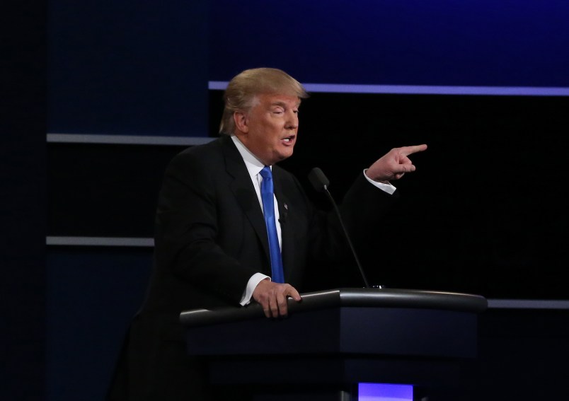 HEMPSTEAD, Sept. 27, 2016 -- Republican Donald Trump speaks during the first presidential debate with Democrat Hillary Clinton at Hofstra University in Hempstead of New York, the United States, Sept. 26, 2016. Donald Trump and Hillary Clinton on Monday held their first presidential debate in Hempstead. (Xinhua/Qin Lang)