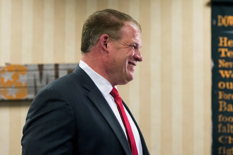 Glenn Jacobs reacts to early results predicting him Knox County Mayor at the Crowne Plaza on election day in Knox County Thursday, Aug. 2, 2018.