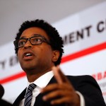 FILE - In this July 26, 2017 photo, Ferguson city council member Wesley Bell speaks during the dedication of a new community empowerment center in Ferguson, Mo. (AP Photo/Jeff Roberson, File)