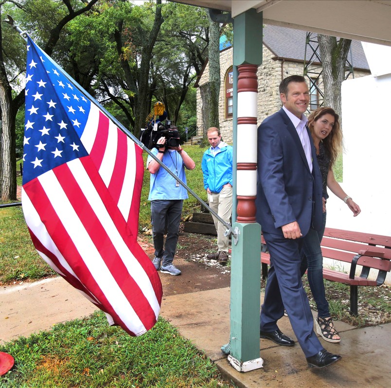 Kansas Secretary of State Kris Kobach and his wife Heather arrived to vote Tuesday morning, August 7th, 2018, at the Lecompton City Hall. Kobach is running for his party’s nomination for governor. (AP Photo, Topeka Capital-Journal, Thad Allton)