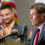 Troy Balderson, Republican candidate for Ohio’s 12th congressional district, speaks to a crowd of supporters during an election night party Tuesday, Aug. 7, 2018, in Newark, Ohio. (AP Photo/Jay LaPrete)