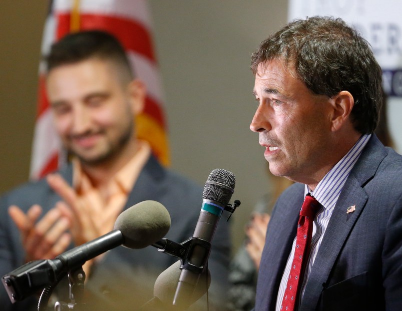Troy Balderson, Republican candidate for Ohio’s 12th congressional district, speaks to a crowd of supporters during an election night party Tuesday, Aug. 7, 2018, in Newark, Ohio. (AP Photo/Jay LaPrete)