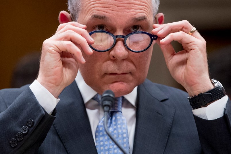 Environmental Protection Agency Administrator Scott Pruitt appears before a Senate Appropriations subcommittee on budget on Capitol Hill in Washington, Wednesday, May 16, 2018. Pruitt goes before a Senate panel Wednesday as he faces a growing number of federal ethics investigations over his lavish spending on travel and security. (AP Photo/Andrew Harnik)