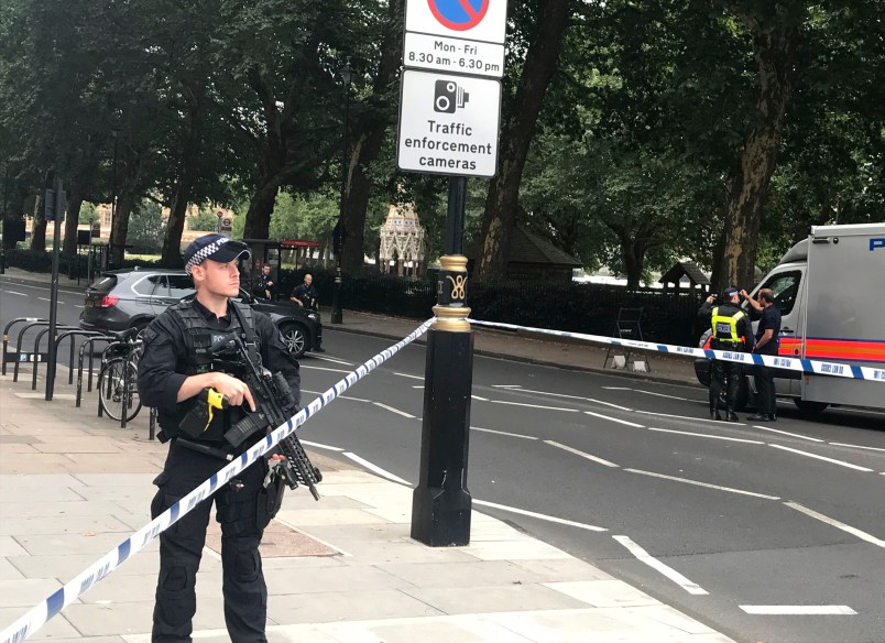 Police activity on Millbank, in central London, after a car crashed into security barriers outside the Houses of Parliament. PRESS ASSOCIATION Photo. Picture date: Tuesday August 14, 2018. See PA story POLICE Westminster. Photo credit should read: Sam Lister/PA Wire