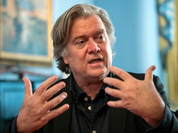Steve Bannon, President Donald Trump's former chief strategist, talks about the approaching midterm election during an interview with The Associated Press, in Washington, Sunday, Aug. 19, 2018.  (AP Photo/J. Scott Applewhite)