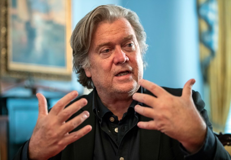 Steve Bannon, President Donald Trump's former chief strategist, talks about the approaching midterm election during an interview with The Associated Press, in Washington, Sunday, Aug. 19, 2018.  (AP Photo/J. Scott Applewhite)