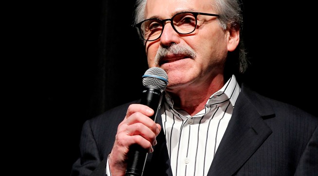 In this Jan. 31, 2014 photo David Pecker,  David Pecker, Chairman and CEO of American Media, addresses those attending the Shape & Men's Fitness Super Bowl Party in New York. The Aug. 21, 2018 plea deal reached by Donald Trump's former attorney Michael Cohen has laid bare a relationship between the president and Pecker, whose company publishes the National Enquirer. Besides detailing tabloid’s involvement in payoffs to porn star Stormy Daniels and Playboy Playmate Karen McDougal to keep quiet about alleged affairs with Trump, court papers showed how David Pecker, a longtime friend of the president, offered to help Trump stave off negative stories during the 2016 campaign. (AP Photo/Marion Curtis)