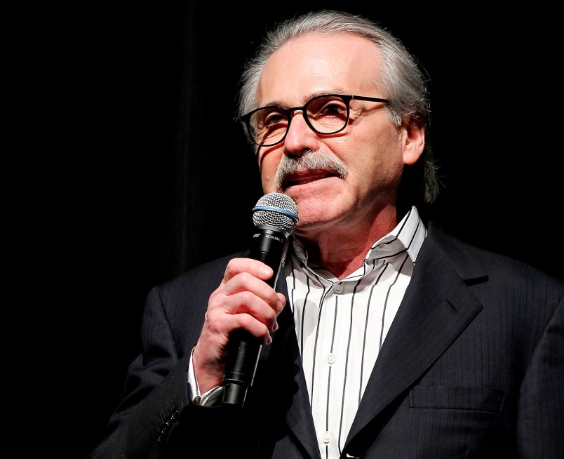 In this Jan. 31, 2014 photo David Pecker,  David Pecker, Chairman and CEO of American Media, addresses those attending the Shape & Men's Fitness Super Bowl Party in New York. The Aug. 21, 2018 plea deal reached by Donald Trump's former attorney Michael Cohen has laid bare a relationship between the president and Pecker, whose company publishes the National Enquirer. Besides detailing tabloid’s involvement in payoffs to porn star Stormy Daniels and Playboy Playmate Karen McDougal to keep quiet about alleged affairs with Trump, court papers showed how David Pecker, a longtime friend of the president, offered to help Trump stave off negative stories during the 2016 campaign. (AP Photo/Marion Curtis)