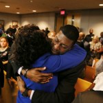 Odell Edwards, father of Jordan Edwards, gets a hug from Dallas County district attorney Faith Johnson after hearing a guilty of murder verdict during the ninth day of the trial of fired Balch Springs police officer Roy Oliver, who was charged with the murder of 15-year-old Jordan Edwards, at the Frank Crowley Courts Building in Dallas on Tuesday, Aug. 28, 2018. (Rose Baca - Pool/The Dallas Morning News) ORG XMIT: DMN1808281444083805