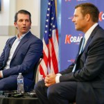 Donald Trump Jr., left, joins Kansas gubernatorial candidate Kris Kobach at a fundraising dinner at Noah's Event Venue in northeast Wichita, Kan. on Tuesday, July 17, 2018. (Fernando Salazar/Wichita Eagle/TNS)