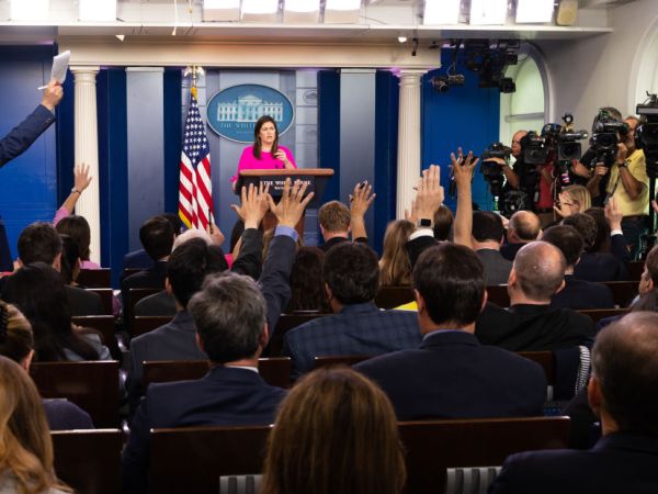WASHINGTON, DC, UNITED STATES - 2018/07/23: Press briefing by White House Press Secretary Sarah Sanders (aka Sarah Huckabee Sanders) in the White House Press Briefing Room in the White House in Washington, DC. (Photo by Michael Brochstein/SOPA Images/LightRocket via Getty Images)
