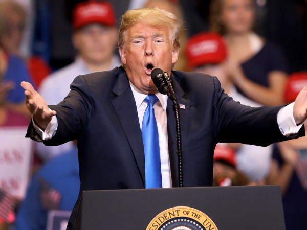 WILKES BARRE, PA - AUGUST 02: President Donald J. Trump singles out the media during his rally on August 2, 2018  at the Mohegan Sun Arena at Casey Plaza in Wilkes Barre, Pennsylvania. This is Trump's second rally this week; the same week his former campaign chairman Paul Manafort started his trial that stemmed from special counsel Robert Mueller's investigation into Russia’s alleged interference in the 2016 presidential election.  (Photo by Rick Loomis/Getty Images)