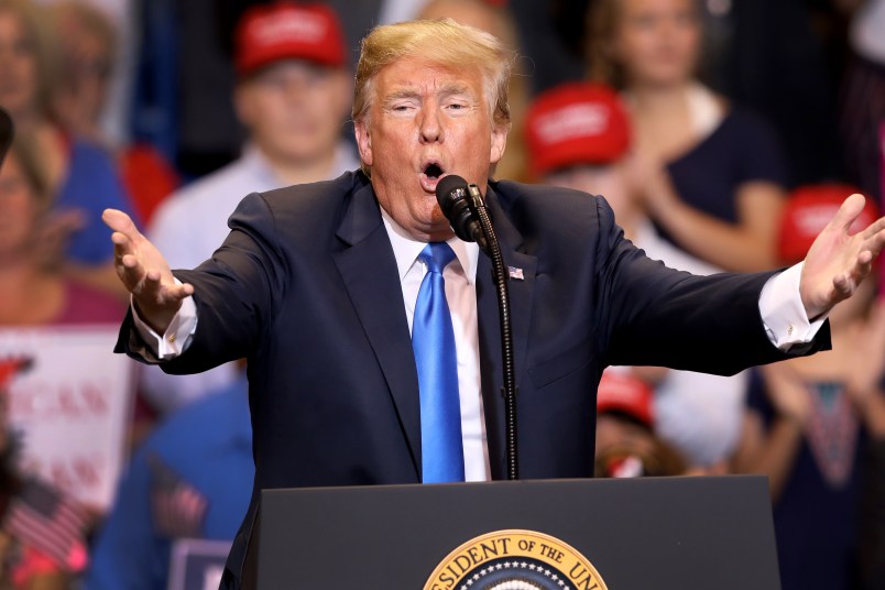 WILKES BARRE, PA - AUGUST 02: President Donald J. Trump singles out the media during his rally on August 2, 2018  at the Mohegan Sun Arena at Casey Plaza in Wilkes Barre, Pennsylvania. This is Trump's second rally this week; the same week his former campaign chairman Paul Manafort started his trial that stemmed from special counsel Robert Mueller's investigation into Russia’s alleged interference in the 2016 presidential election.  (Photo by Rick Loomis/Getty Images)