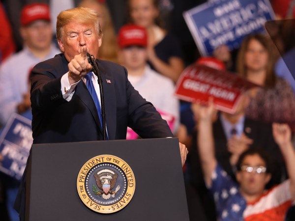 WILKES BARRE, PA - AUGUST 02: President Donald J. Trump singles out the media during his rally on August 2, 2018 at the Mohegan Sun Arena at Casey Plaza in Wilkes Barre, Pennsylvania. This is Trump's second rally this week; the same week his former campaign chairman Paul Manafort started his trial that stemmed from special counsel Robert Mueller's investigation into Russia’s alleged interference in the 2016 presidential election.  (Photo by Rick Loomis/Getty Images)