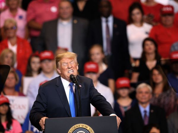 WILKES BARRE, PA - AUGUST 02: President Donald J. Trump speaks to a large crowd gathered to see him on August 2, 2018 at the Mohegan Sun Arena at Casey Plaza in Wilkes Barre, Pennsylvania. This is Trump's second rally this week; the same week his former campaign chairman Paul Manafort started his trial that stemmed from special counsel Robert Mueller's investigation into Russia’s alleged interference in the 2016 presidential election.  (Photo by Rick Loomis/Getty Images)