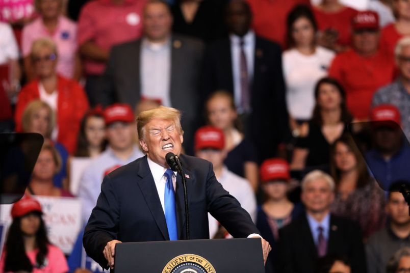 WILKES BARRE, PA - AUGUST 02: President Donald J. Trump speaks to a large crowd gathered to see him on August 2, 2018 at the Mohegan Sun Arena at Casey Plaza in Wilkes Barre, Pennsylvania. This is Trump's second rally this week; the same week his former campaign chairman Paul Manafort started his trial that stemmed from special counsel Robert Mueller's investigation into Russia’s alleged interference in the 2016 presidential election.  (Photo by Rick Loomis/Getty Images)