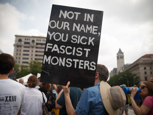 WASHINGTON, DC, UNITED STATES - 2018/08/12: Protesters attend the Unite Against Hate rally in Freedom Plaza along Pennsylvania Avenue, ahead of a planned white supremacist event near the White House on the anniversary of the Unite the Right rally in Charlottesville. (Photo by Michael Candelori/Pacific Press/LightRocket via Getty Images)