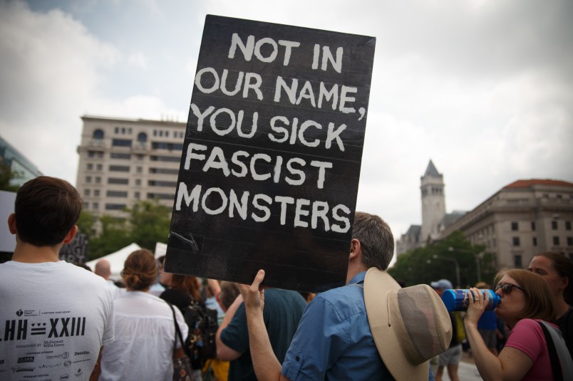 WASHINGTON, DC, UNITED STATES - 2018/08/12: Protesters attend the Unite Against Hate rally in Freedom Plaza along Pennsylvania Avenue, ahead of a planned white supremacist event near the White House on the anniversary of the Unite the Right rally in Charlottesville. (Photo by Michael Candelori/Pacific Press/LightRocket via Getty Images)