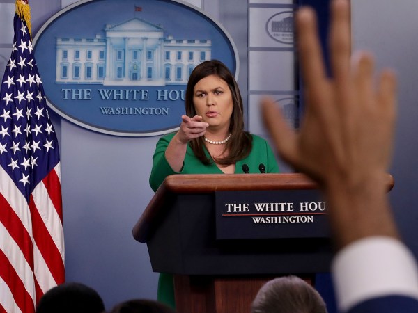 White House Press Secretary Sarah Huckabee Sanders conducts a news conference in the Brady Press Briefing Room at the White House August 15, 2018 in Washington, DC. Sanders continued to field questions from reporters about fired White House official Omarosa Manigault Newman's new book and her accusations against President Donald Trump.