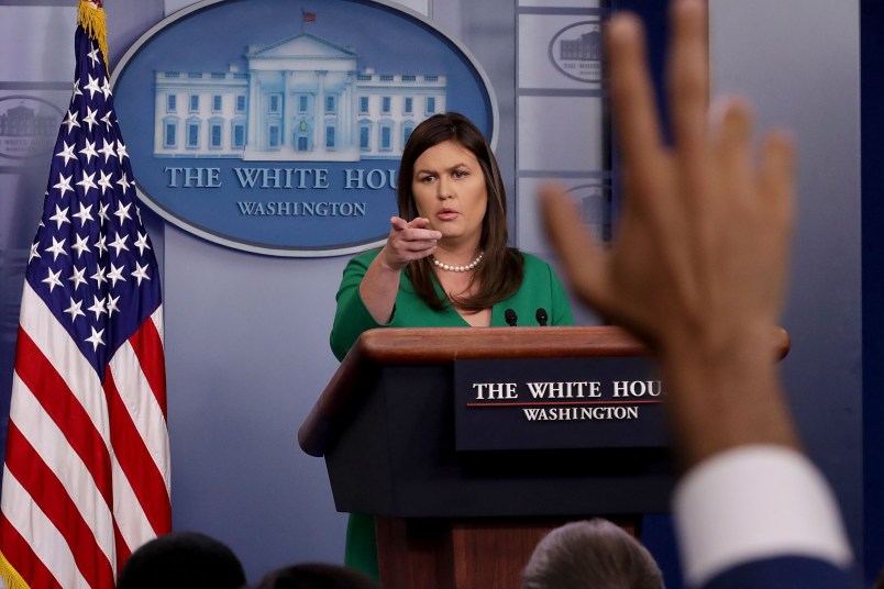 White House Press Secretary Sarah Huckabee Sanders conducts a news conference in the Brady Press Briefing Room at the White House August 15, 2018 in Washington, DC. Sanders continued to field questions from reporters about fired White House official Omarosa Manigault Newman's new book and her accusations against President Donald Trump.