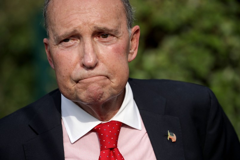 Director of the National Economic Council Larry Kudlow talks to journalists outside the White House West Wing August 16, 2018 in Washington, DC. Kudlow confirmed that trade talks with China will resume later this month and that the U.S. is close to a trade deal with Mexico.