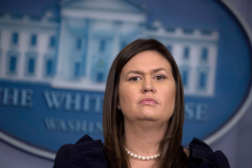 WASHINGTON, DC - AUGUST 22:  White House Press Secretary Sarah Huckabee Sanders conducts a news conference in the Brady Press Briefing Room at the White House August 22, 2018 in Washington, DC. On Tuesday President Donald Trump's former lawyer and fixer Michael Cohen addmitted in court that Mr. Trump directed him to break campaign finance laws by paying off two women who said they had sexual relationships with Mr. Trump at the same time that TrumpÕs former campaign chairman Paul Manafort was found guilty of eight counts of tax and bank fraud.  (Photo by Chip Somodevilla/Getty Images) *** Local Caption *** Sarah Huckabee Sanders
